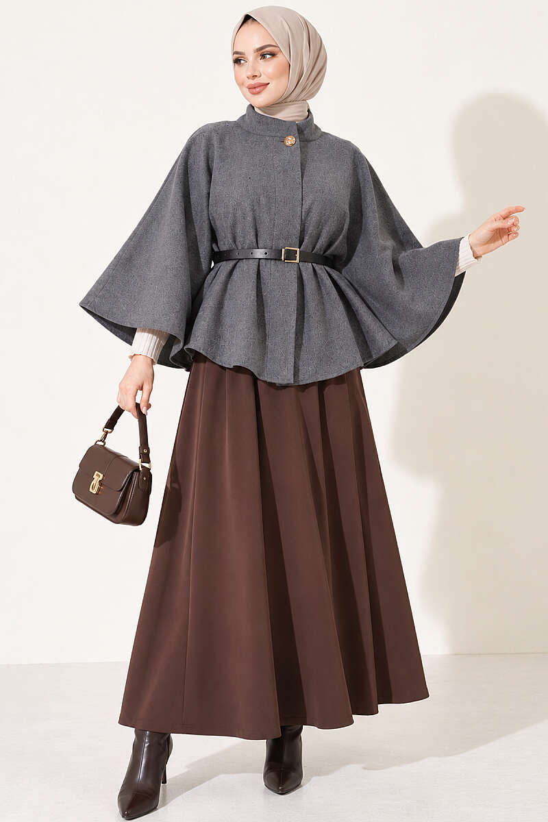 Felt Poncho with Belt and Single Button - Smoke Grey