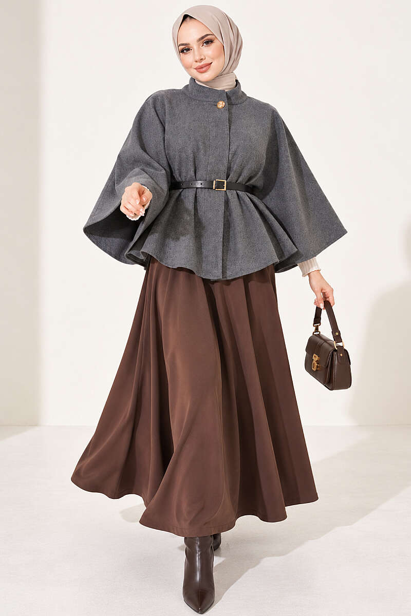 Felt Poncho with Belt and Single Button - Smoke Grey