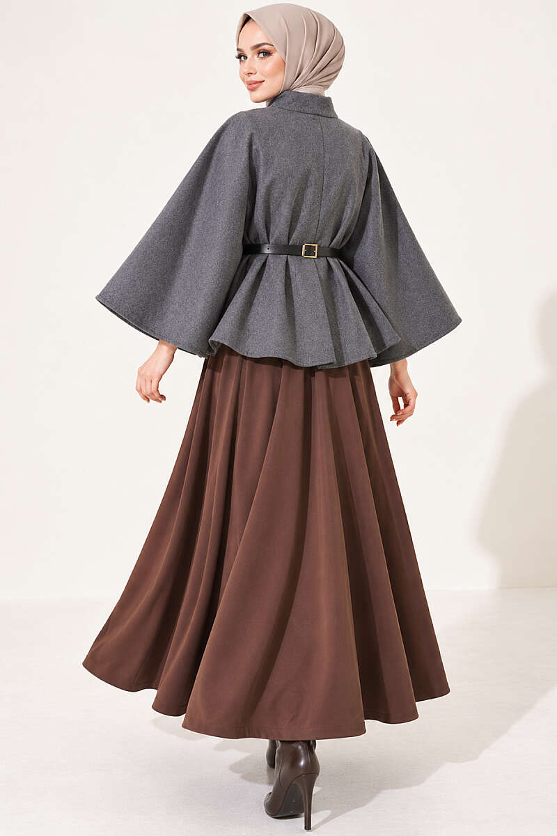 Felt Poncho with Belt and Single Button - Smoke Grey