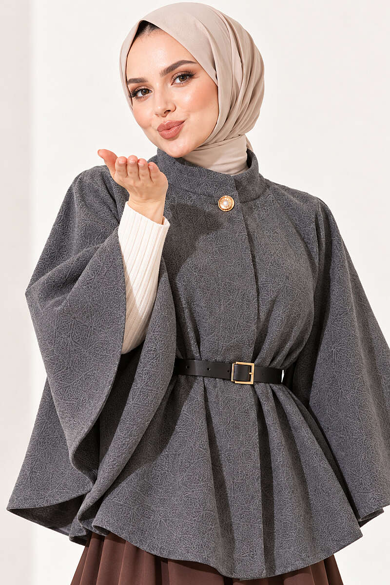 Felt Poncho with Belt and Single Button - Smoke Grey