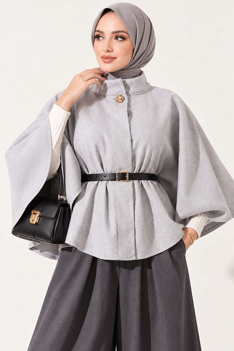 Felt Poncho with Belt and Single Button - Grey