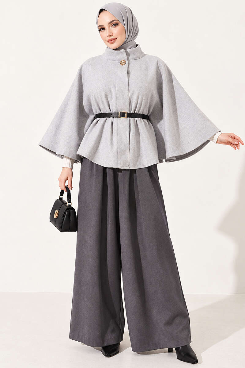Felt Poncho with Belt and Single Button - Grey