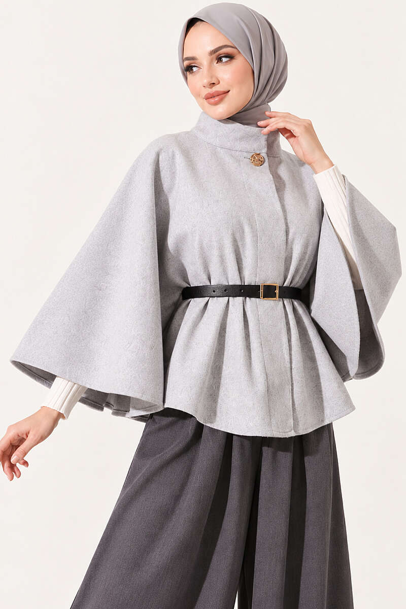 Felt Poncho with Belt and Single Button - Grey