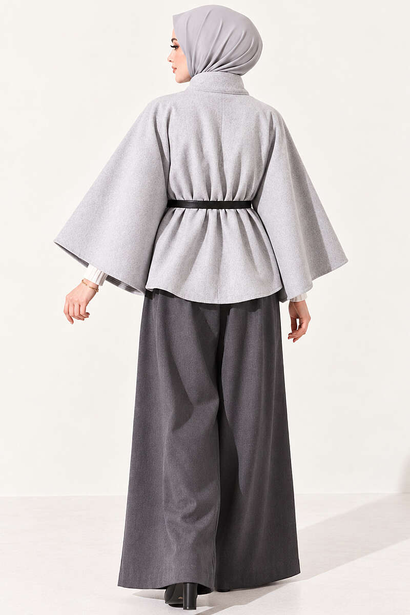 Felt Poncho with Belt and Single Button - Grey