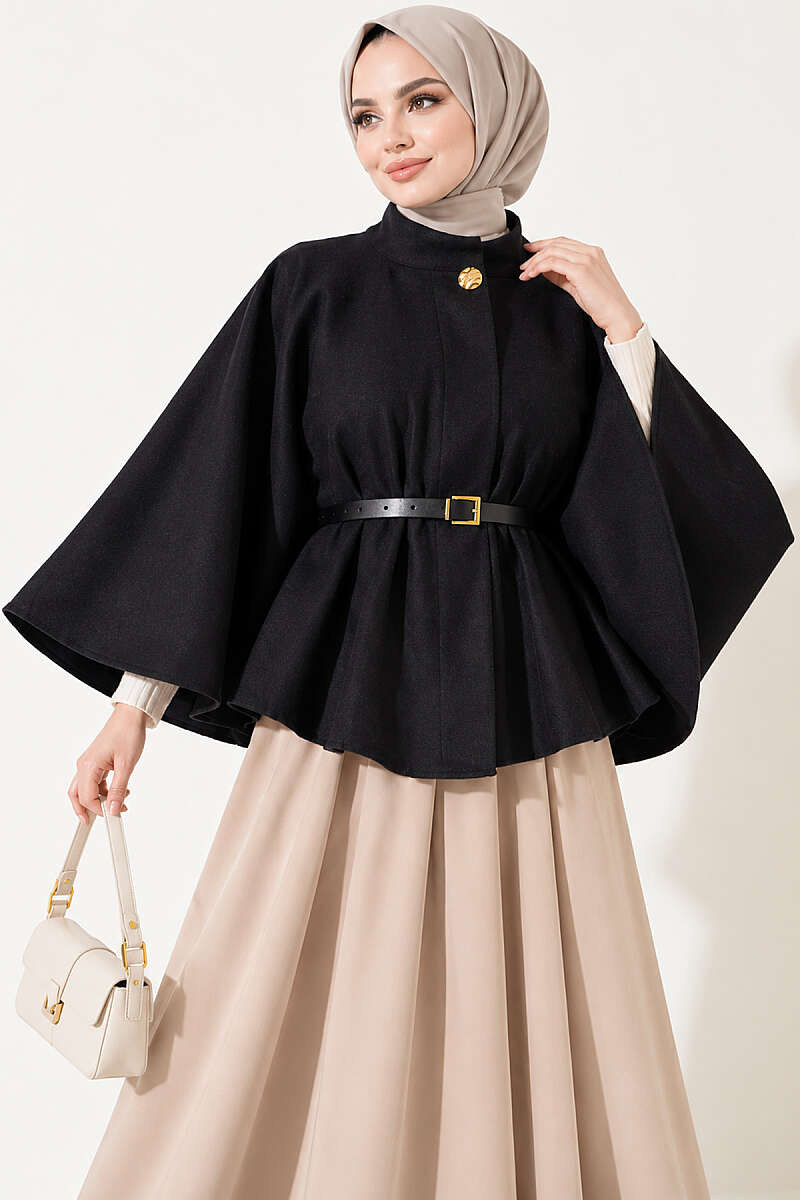 Felt Poncho with Belt and Single Button - Black