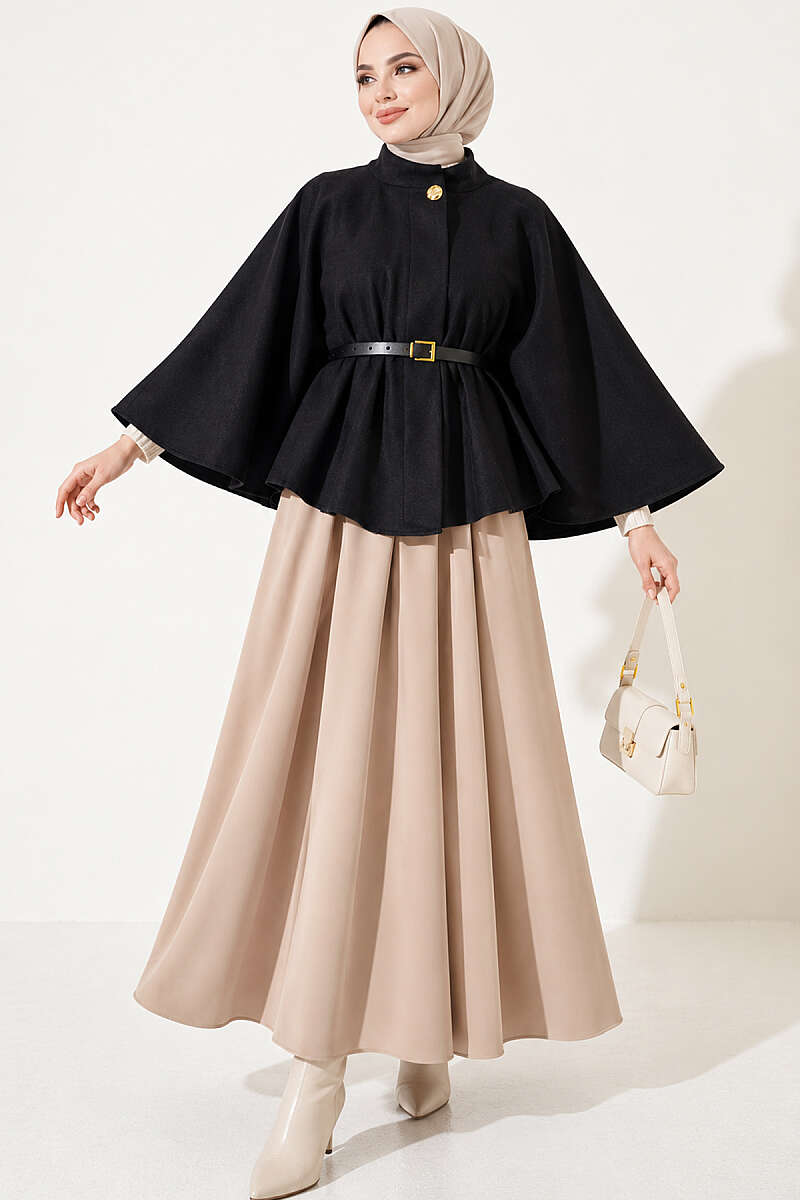 Felt Poncho with Belt and Single Button - Black