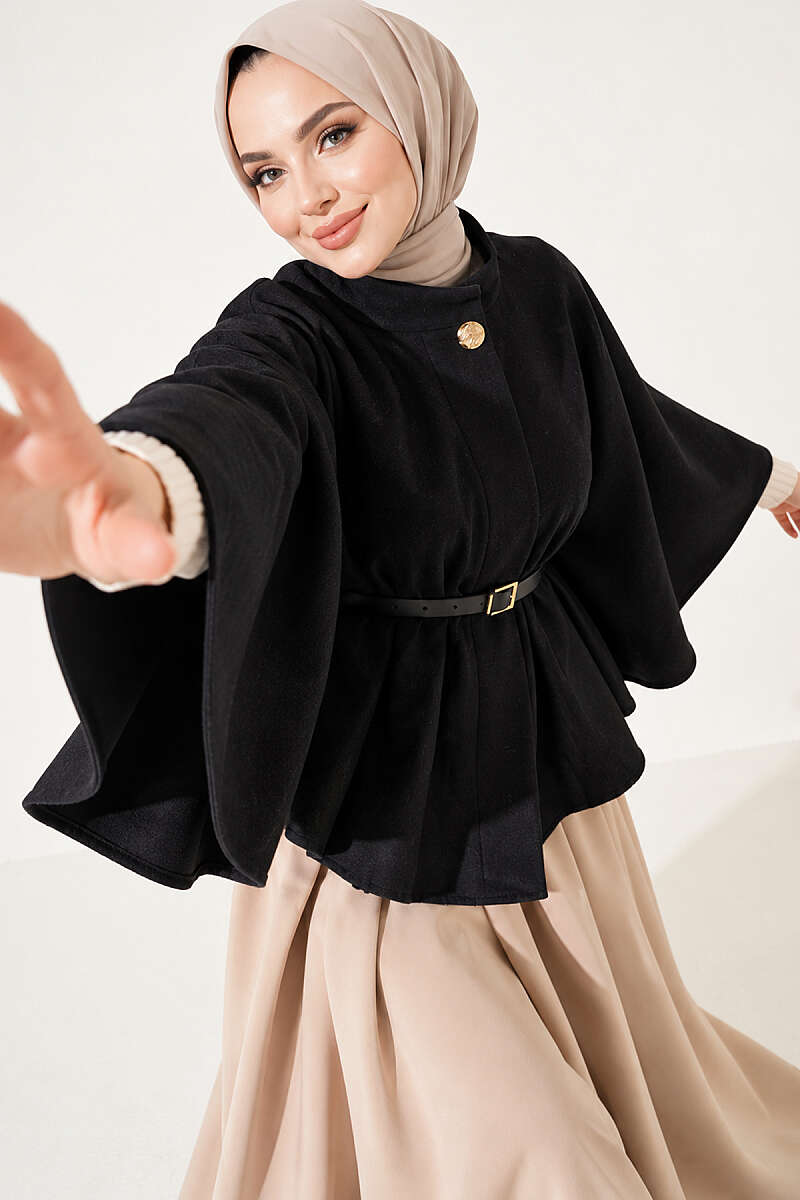 Felt Poncho with Belt and Single Button - Black