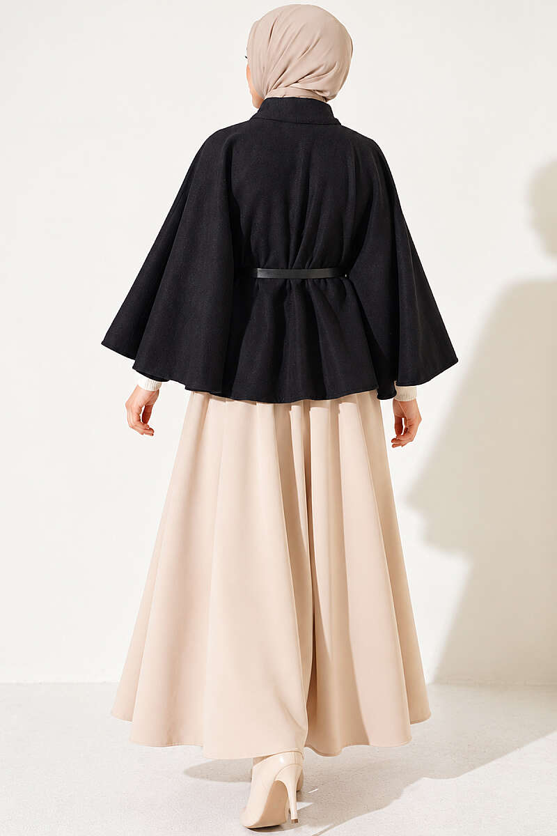 Felt Poncho with Belt and Single Button - Black