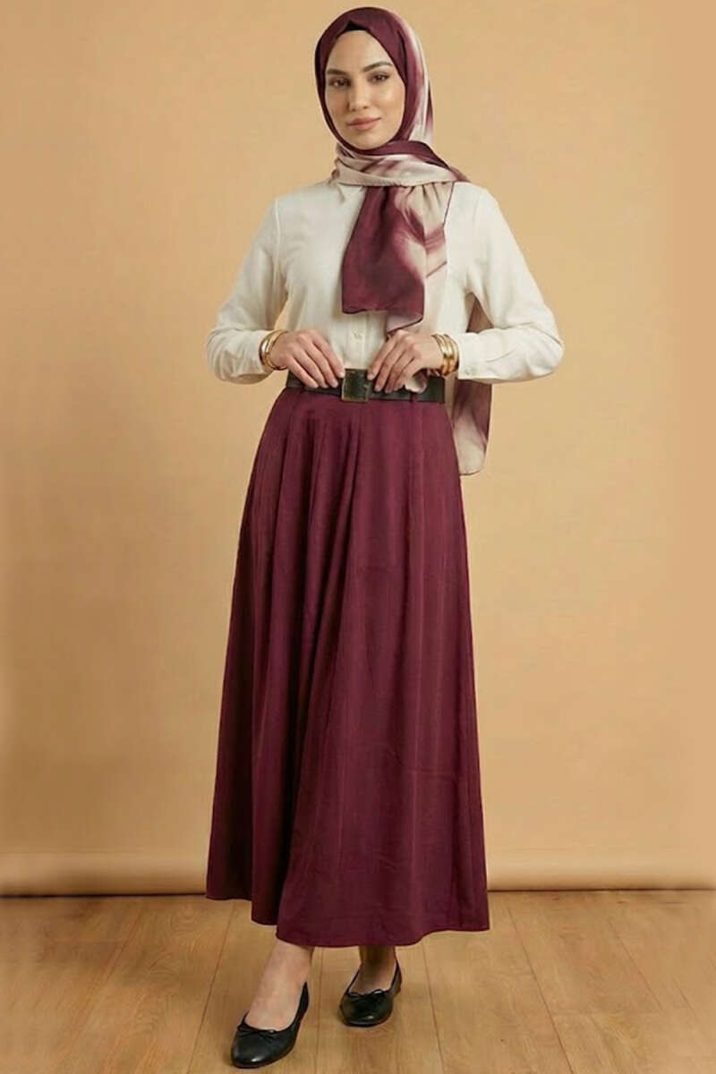 Belted Pleated Tencel Skirt with Buckle - Burgundy