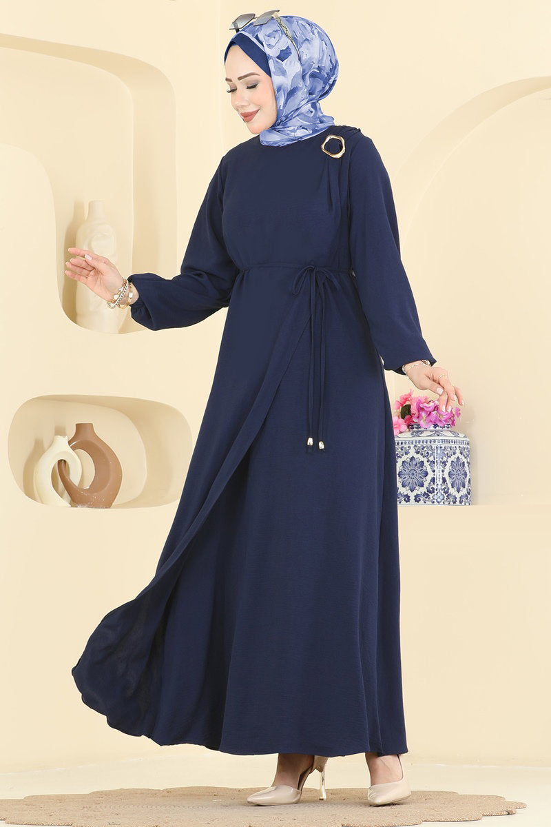 Aerobin Dress with Buckled Belt - Light Navy