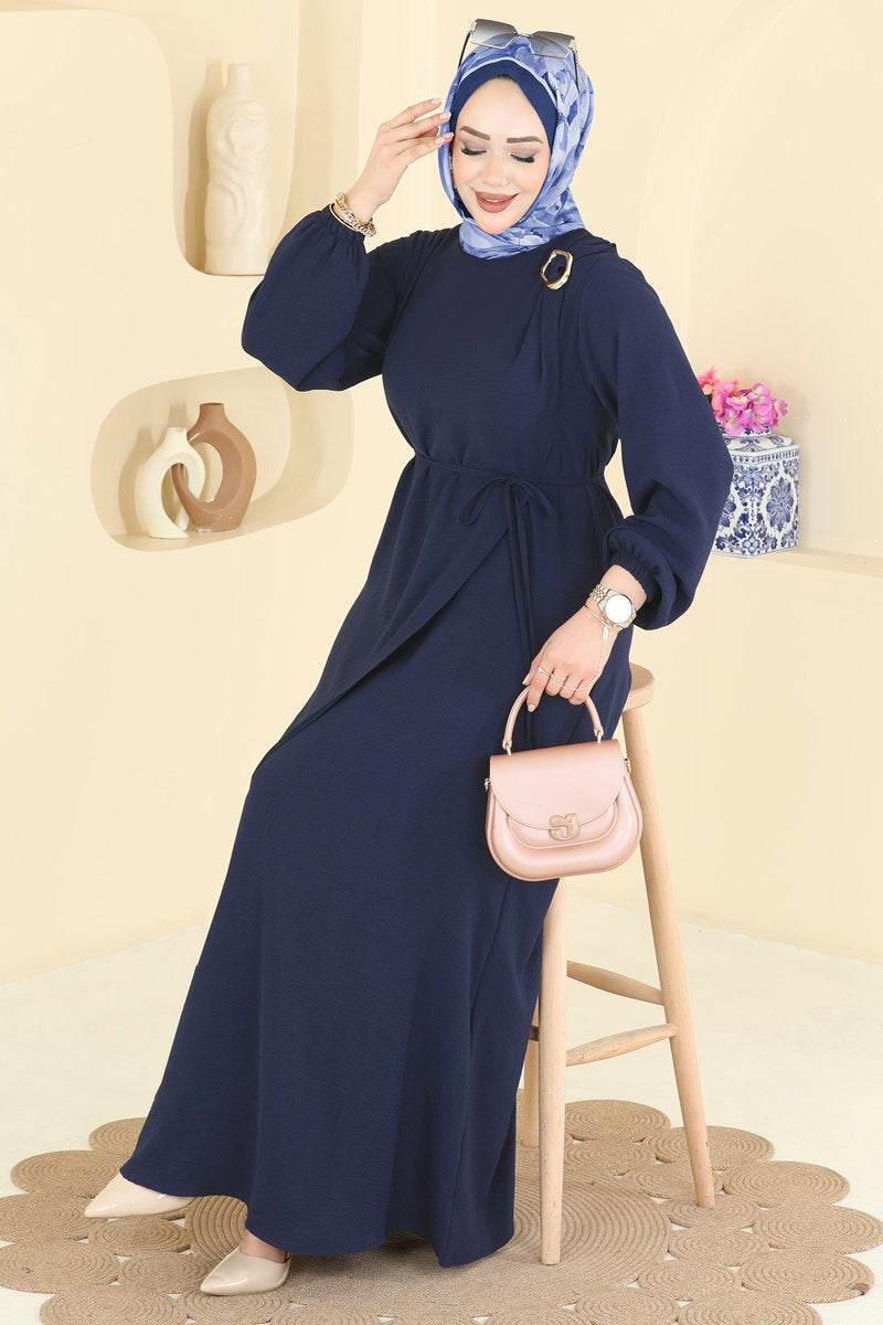 Aerobin Dress with Buckled Belt - Light Navy