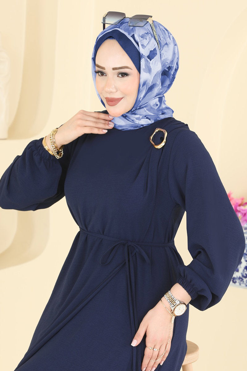 Aerobin Dress with Buckled Belt - Light Navy