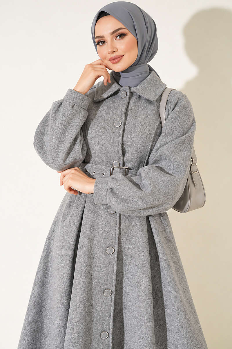 Long Belted Felt Coat - Charcoal