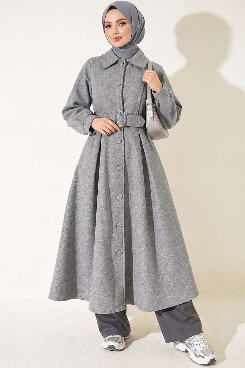 Long Belted Felt Coat - Charcoal