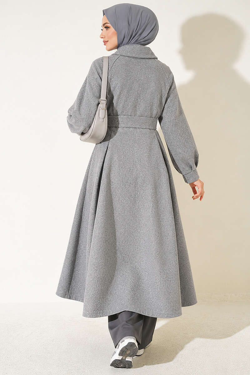 Long Belted Felt Coat - Charcoal