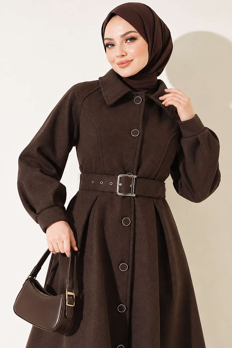 Long Belted Felt Coat - Brown