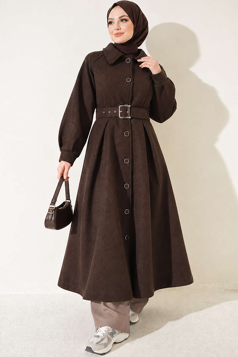 Long Belted Felt Coat - Brown