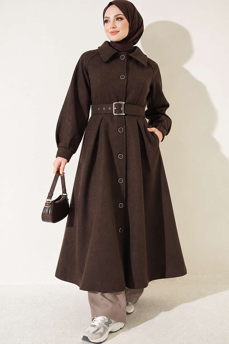 Long Belted Felt Coat - Brown