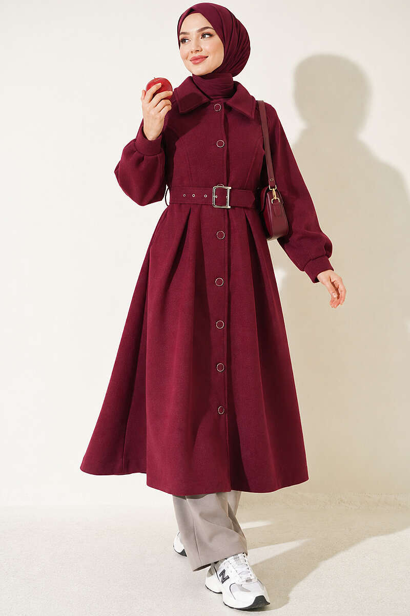 Long Belted Felt Coat - Plum