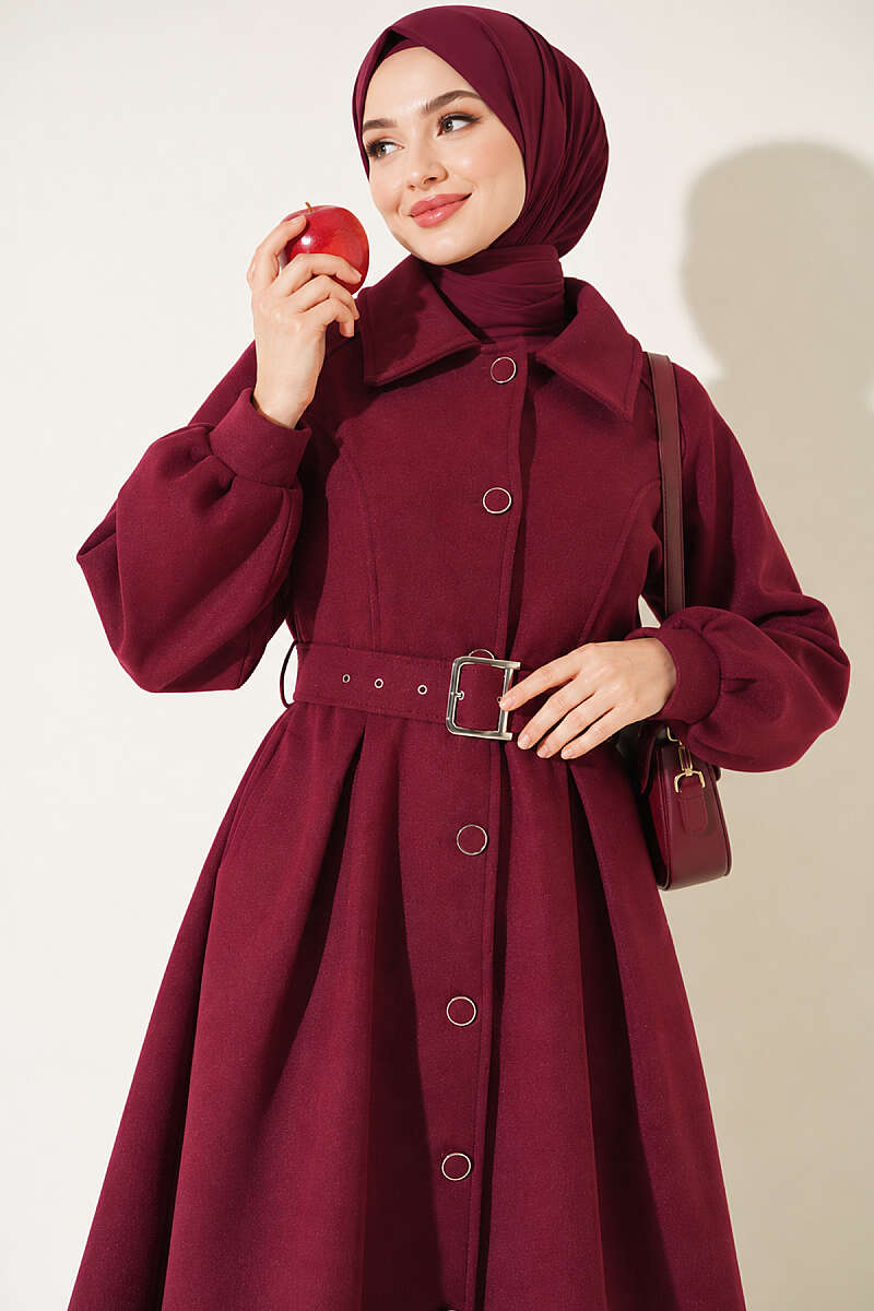 Long Belted Felt Coat - Plum