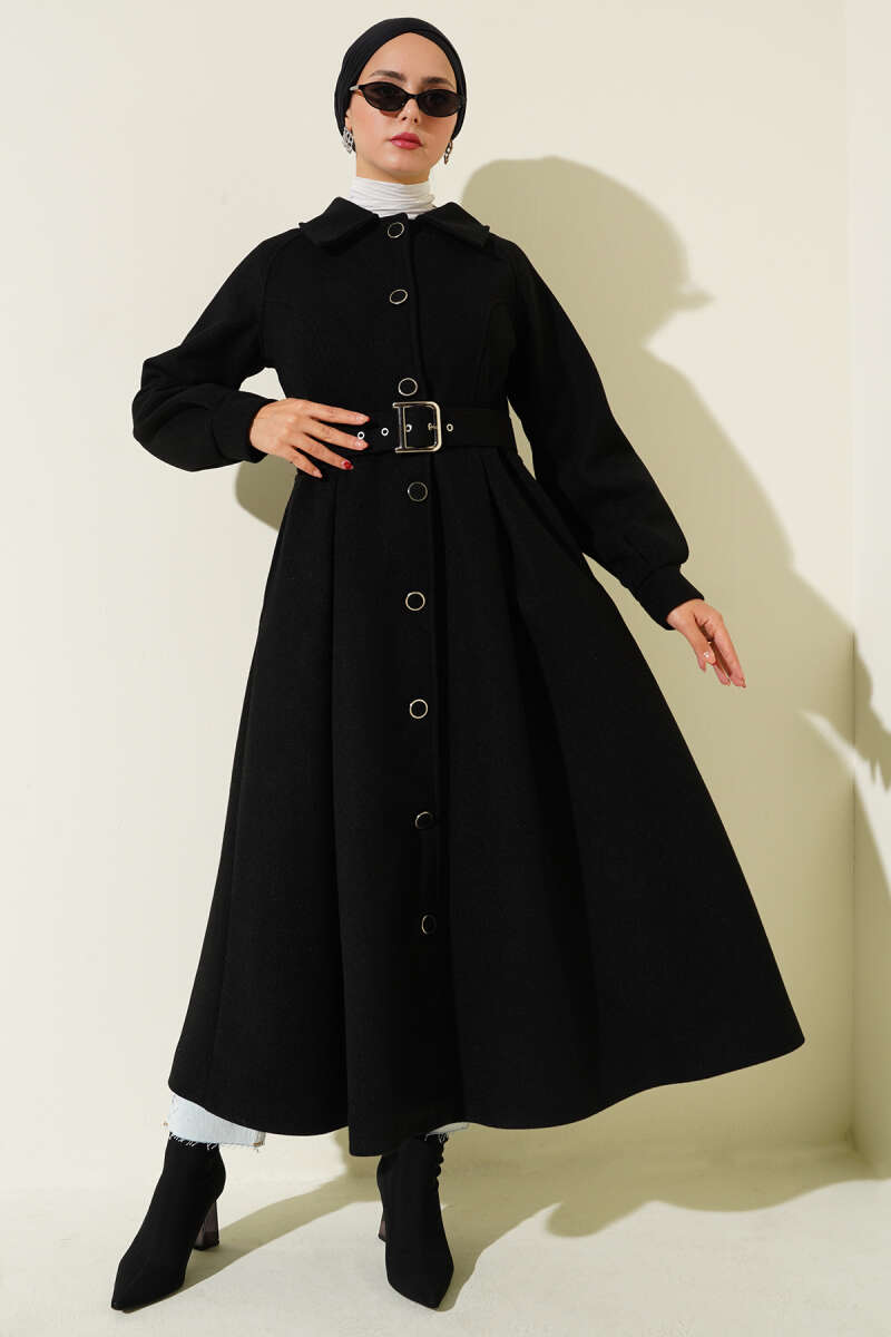 Long Belted Felt Coat - Black