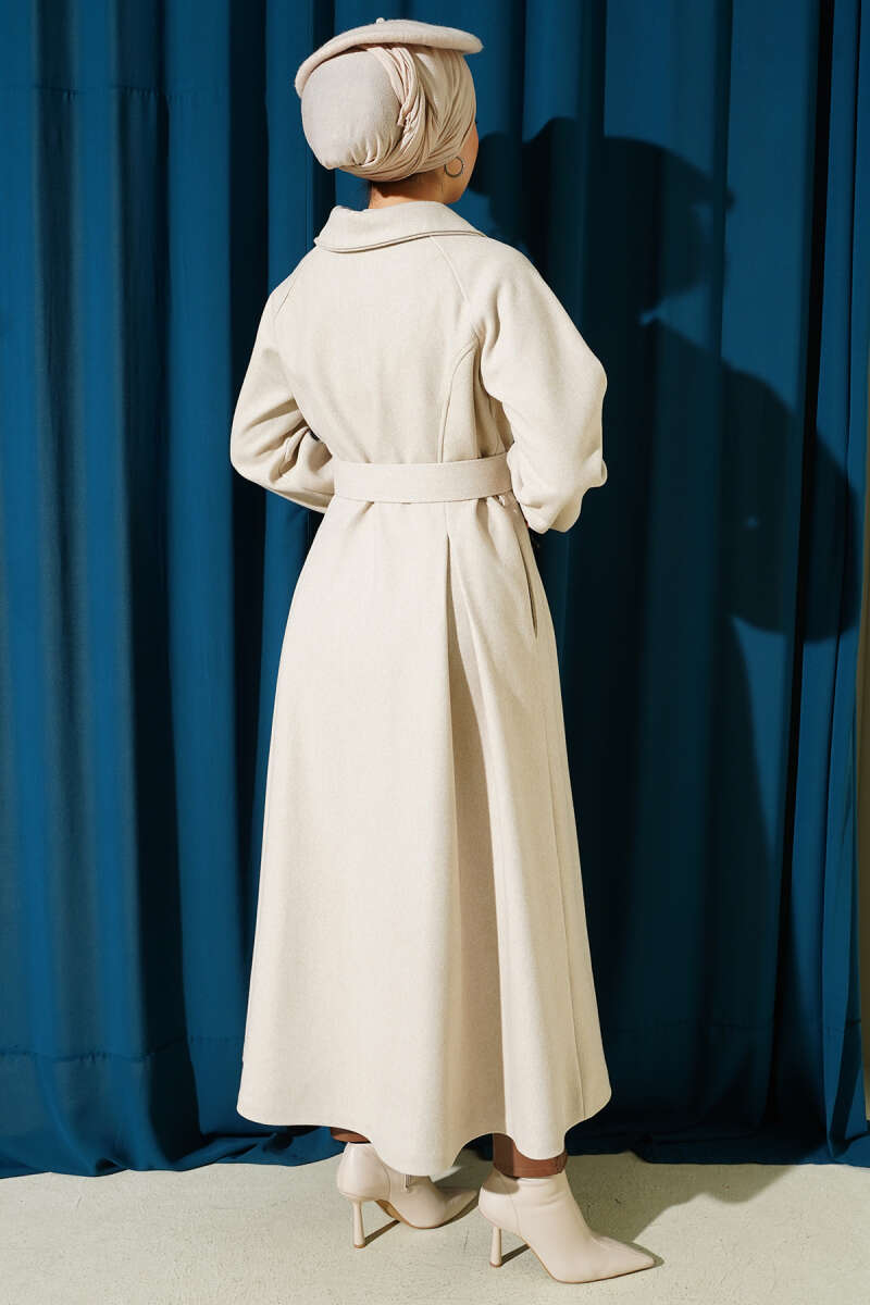 Long Belted Felt Coat - Stone