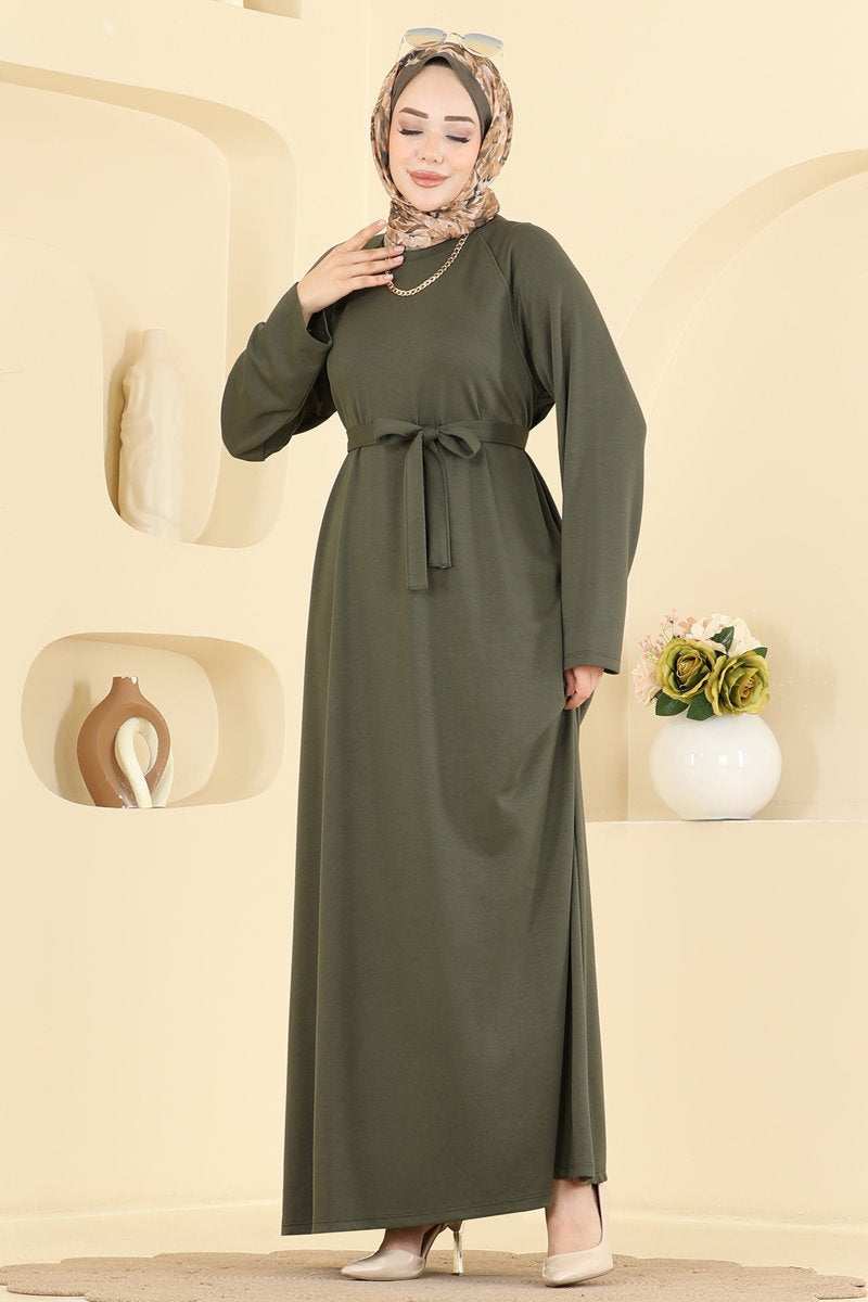 Long Belted Modal Dress - Khaki