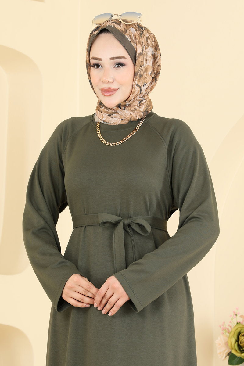 Long Belted Modal Dress - Khaki