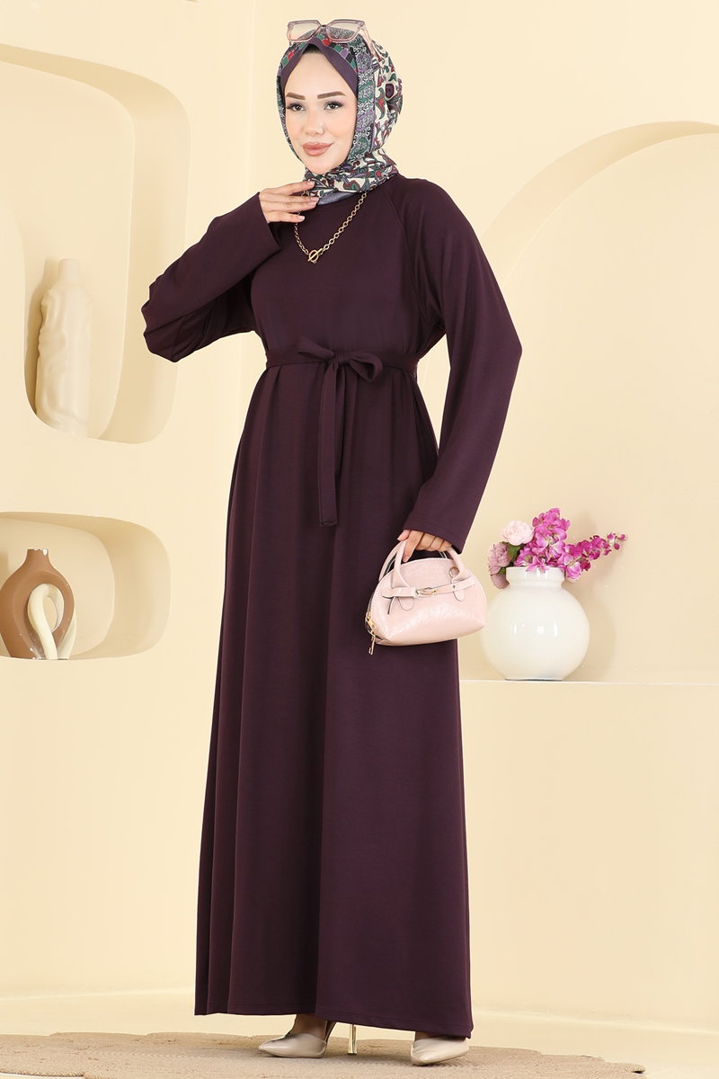 Long Belted Modal Dress - Plum