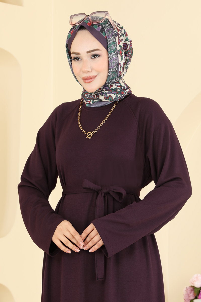 Long Belted Modal Dress - Plum