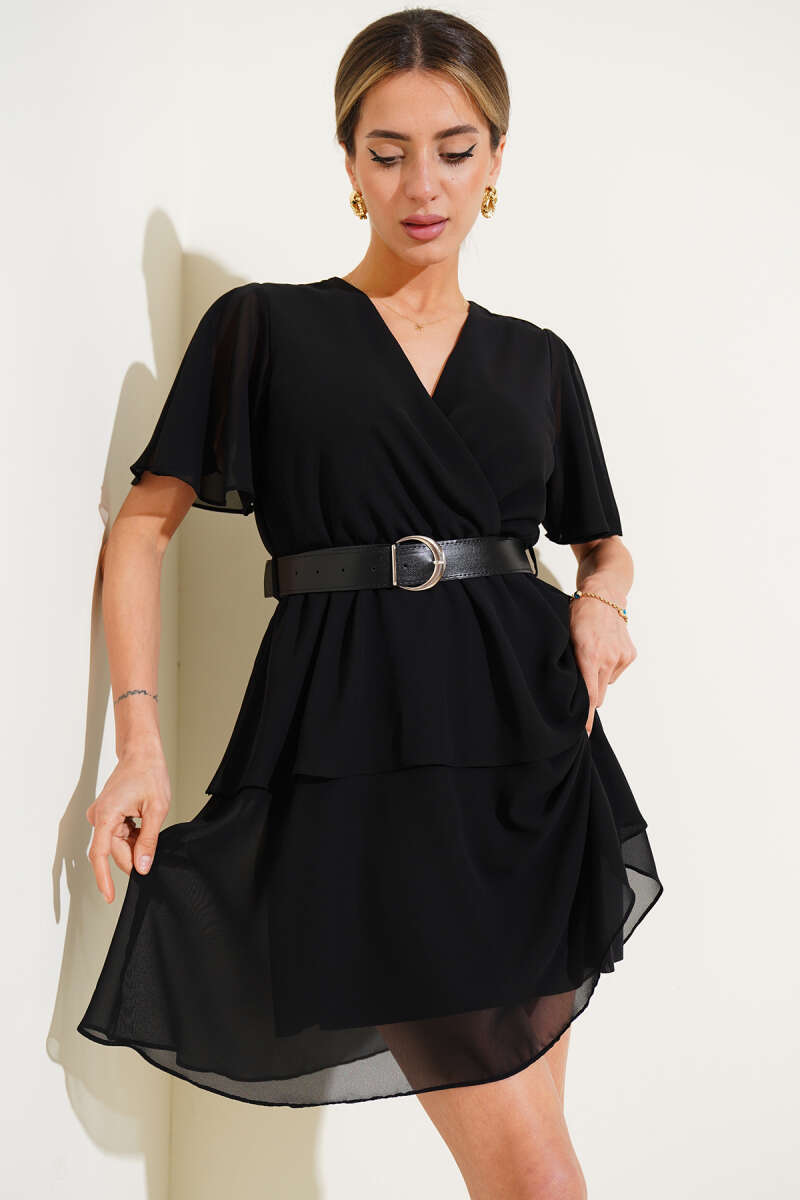Belted V-Neck Chiffon Mini Dress - Black