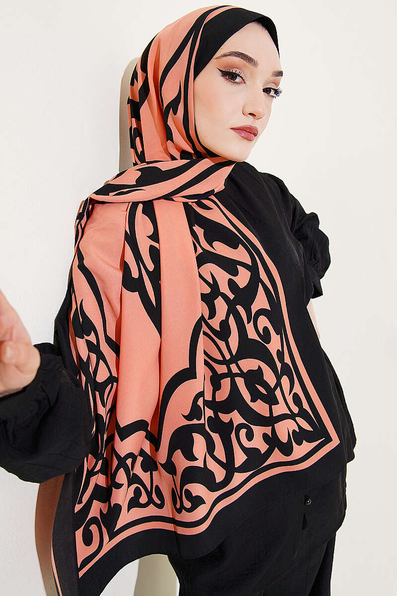 Medina Silk Shawl with Border Motif - Peach