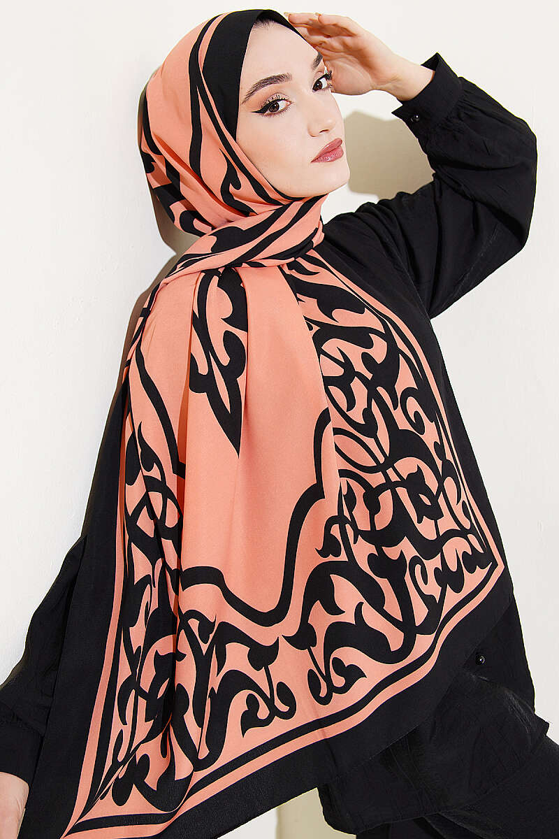Medina Silk Shawl with Border Motif - Peach