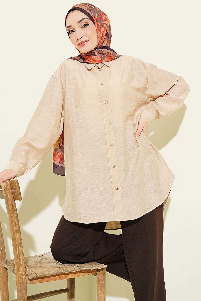 Self-Floral Pattern Shirt - Beige
