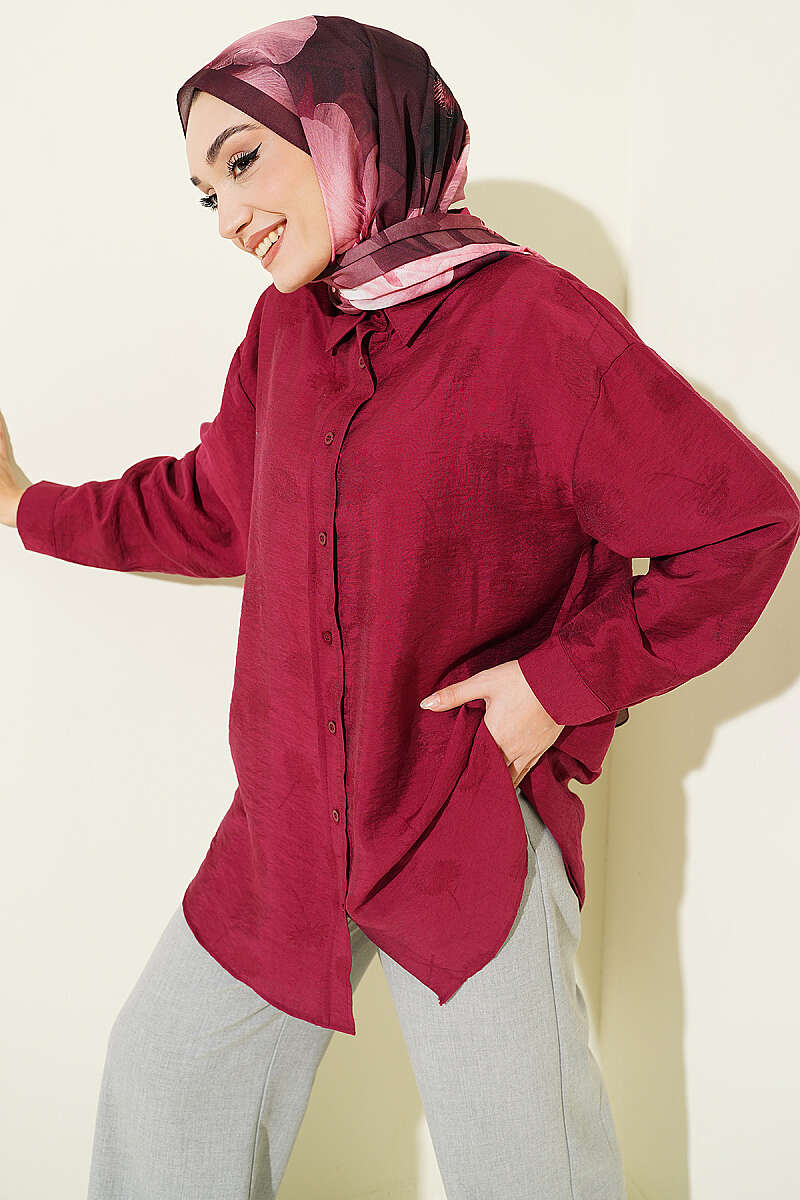 Self-Floral Pattern Shirt - Burgundy