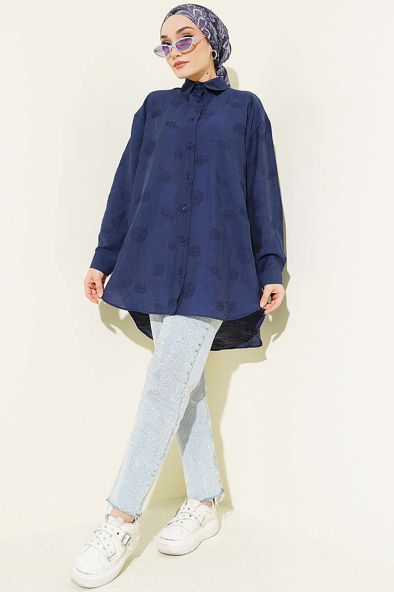 Self-Floral Pattern Shirt - Navy