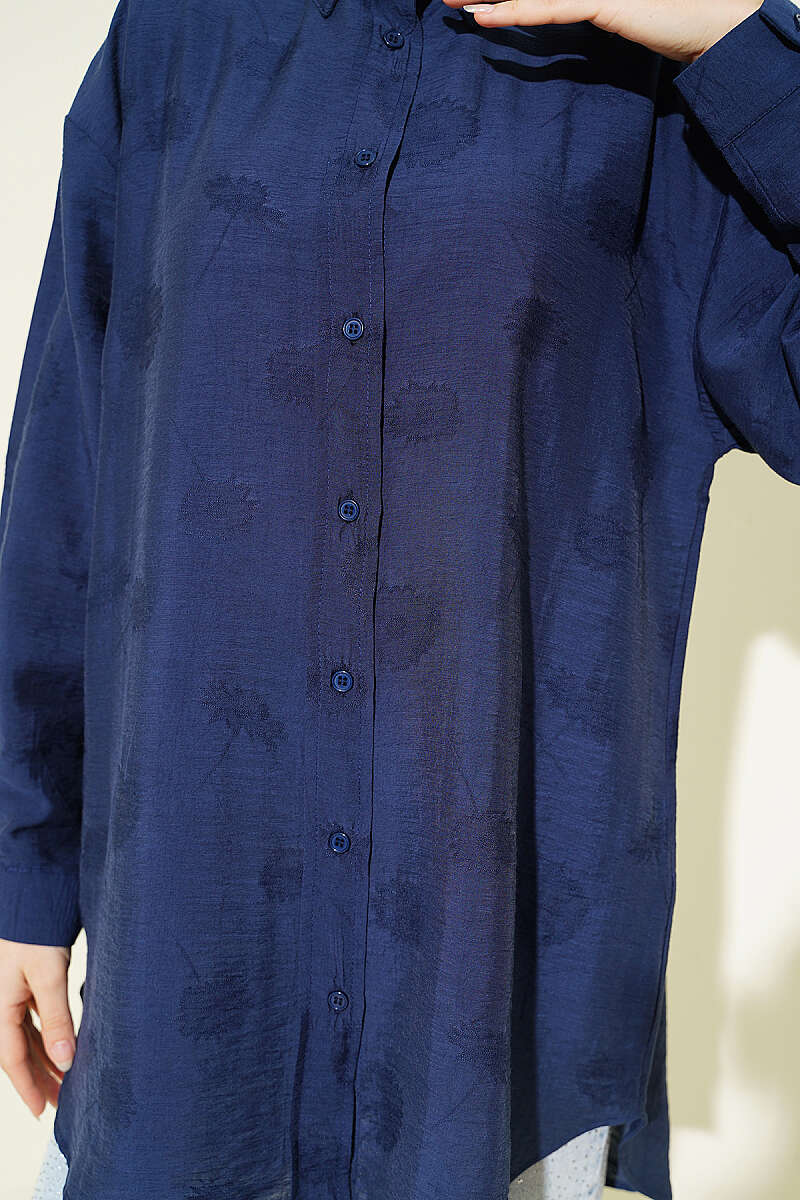 Self-Floral Pattern Shirt - Navy