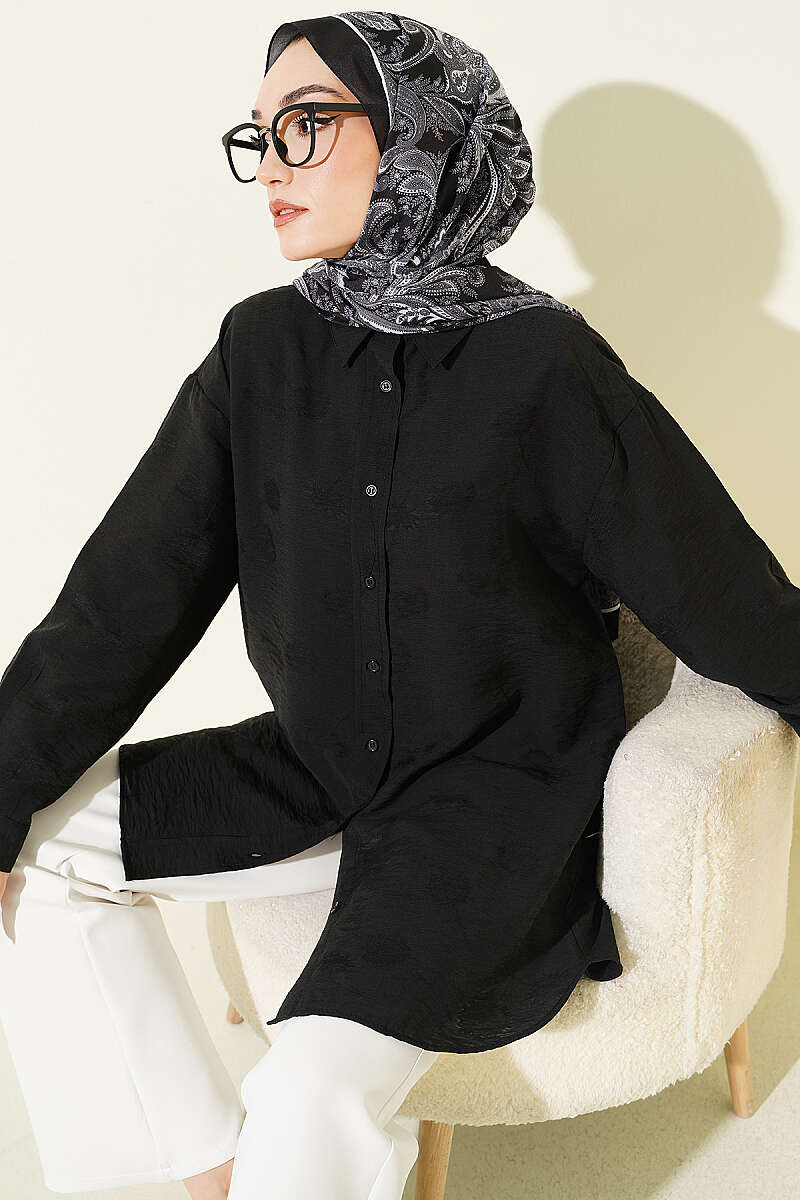 Self-Floral Pattern Shirt - Black