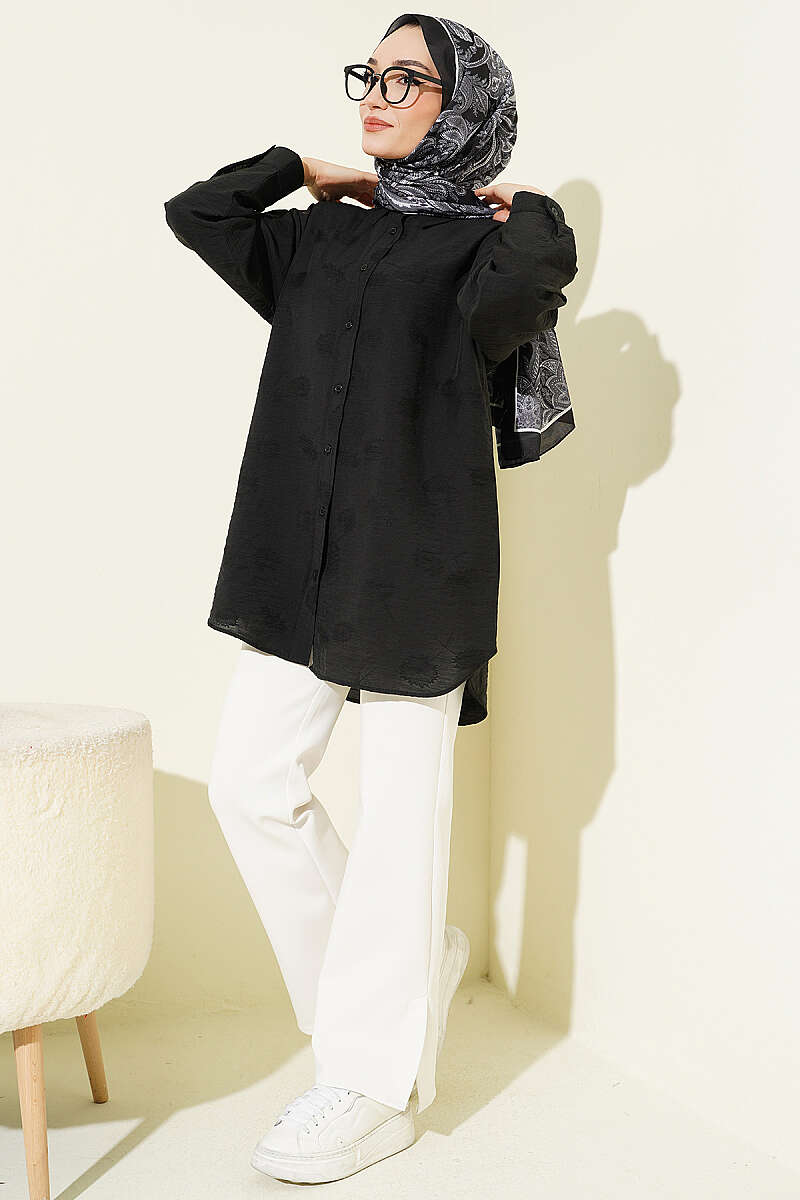 Self-Floral Pattern Shirt - Black