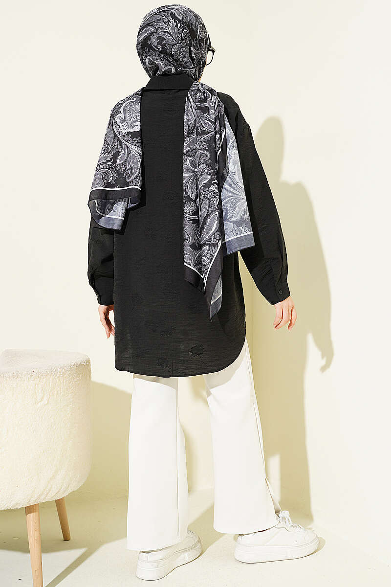 Self-Floral Pattern Shirt - Black