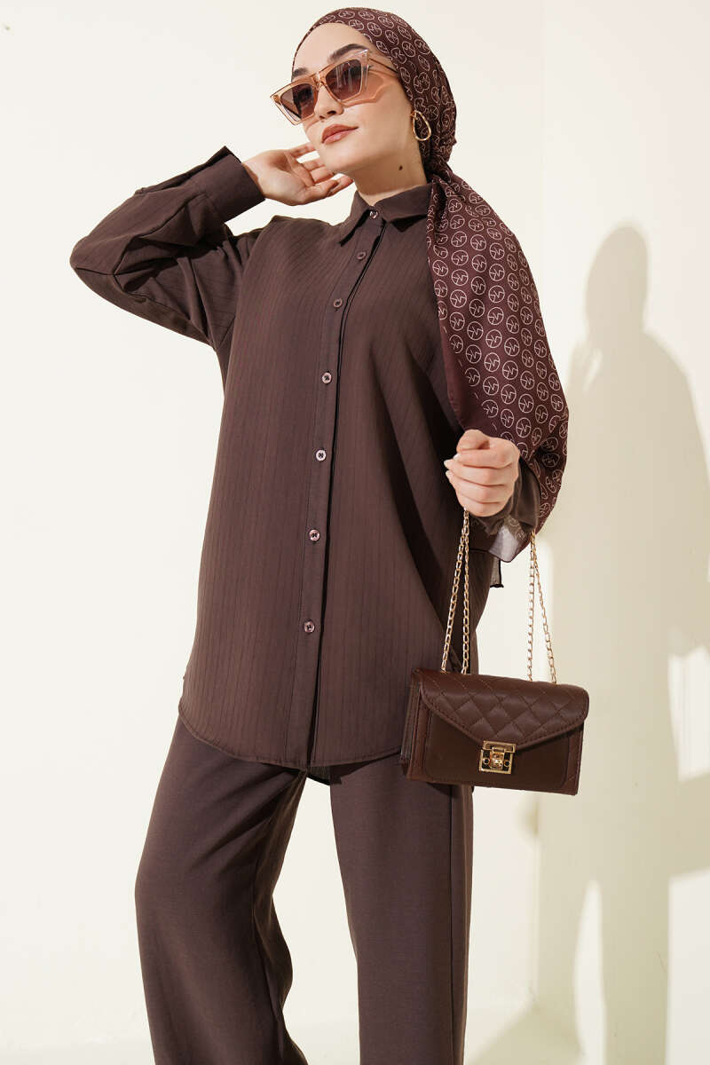 Self-Stripe Shirt Two-Piece Set - Brown
