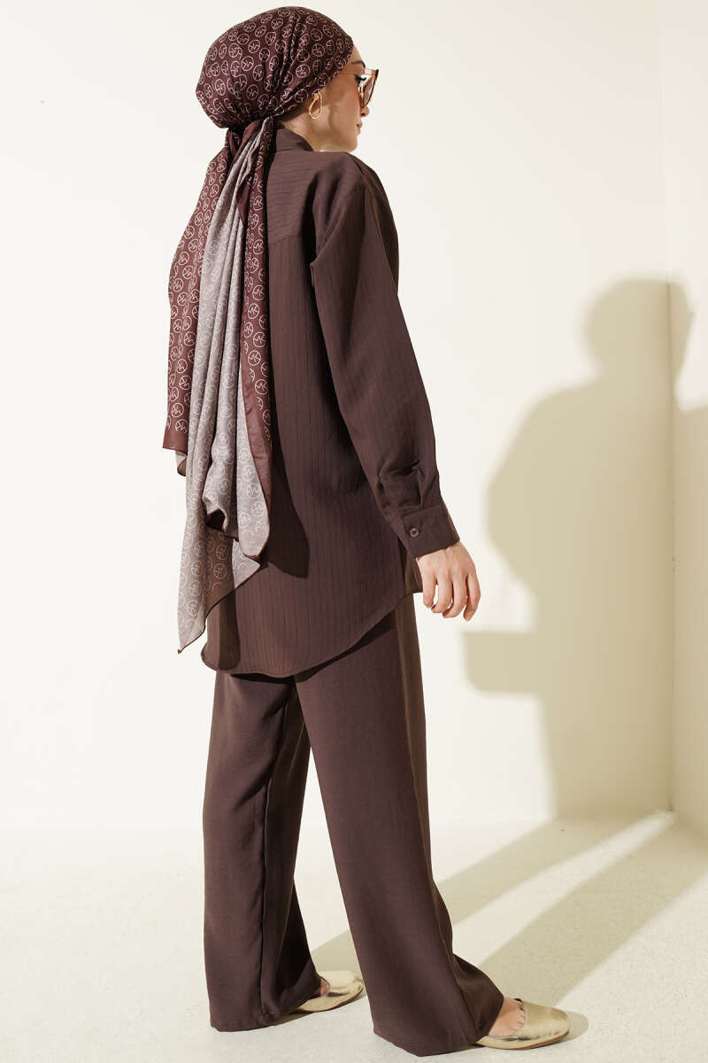 Self-Stripe Shirt Two-Piece Set - Brown