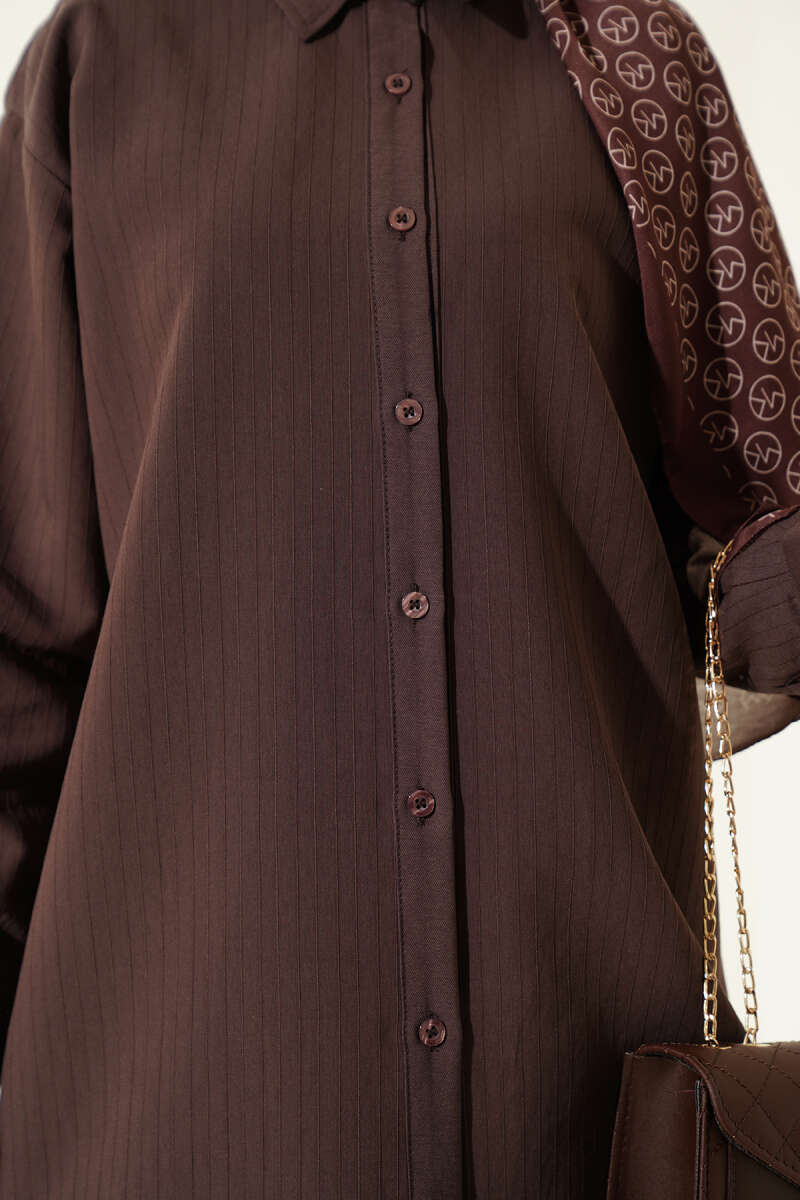 Self-Stripe Shirt Two-Piece Set - Brown
