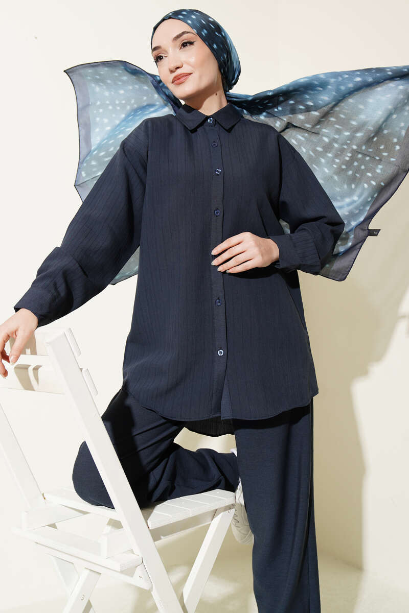 Self-Stripe Shirt Two-Piece Set - Navy
