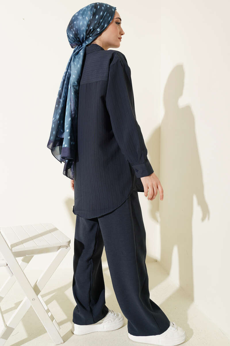 Self-Stripe Shirt Two-Piece Set - Navy