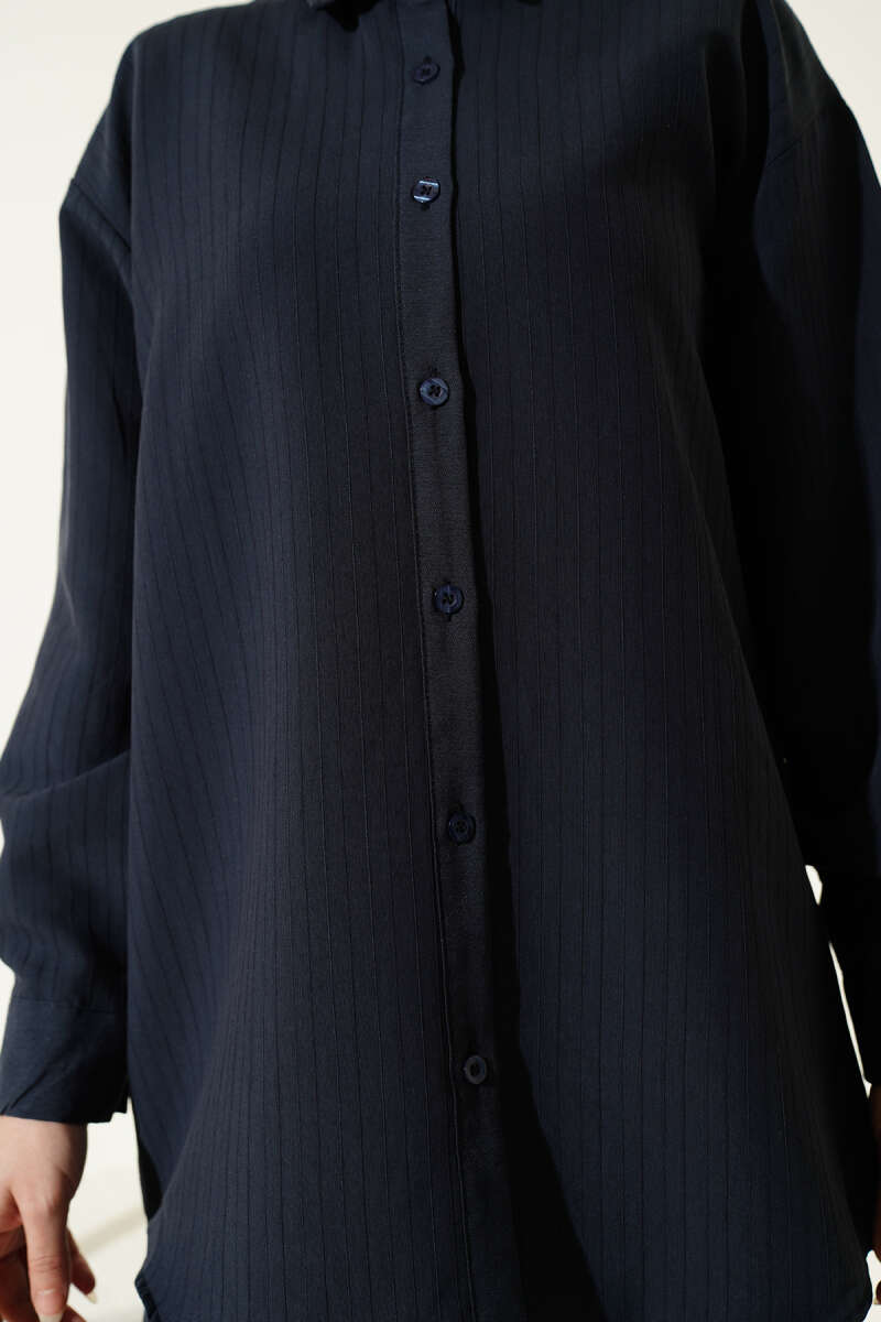 Self-Stripe Shirt Two-Piece Set - Navy