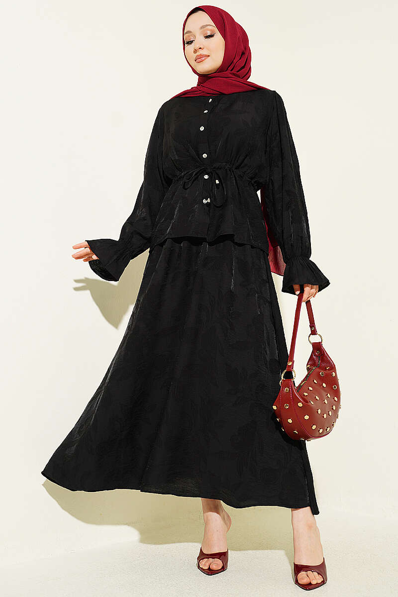 Self-Pattern Skirt Set with Drawstring Waist - Black