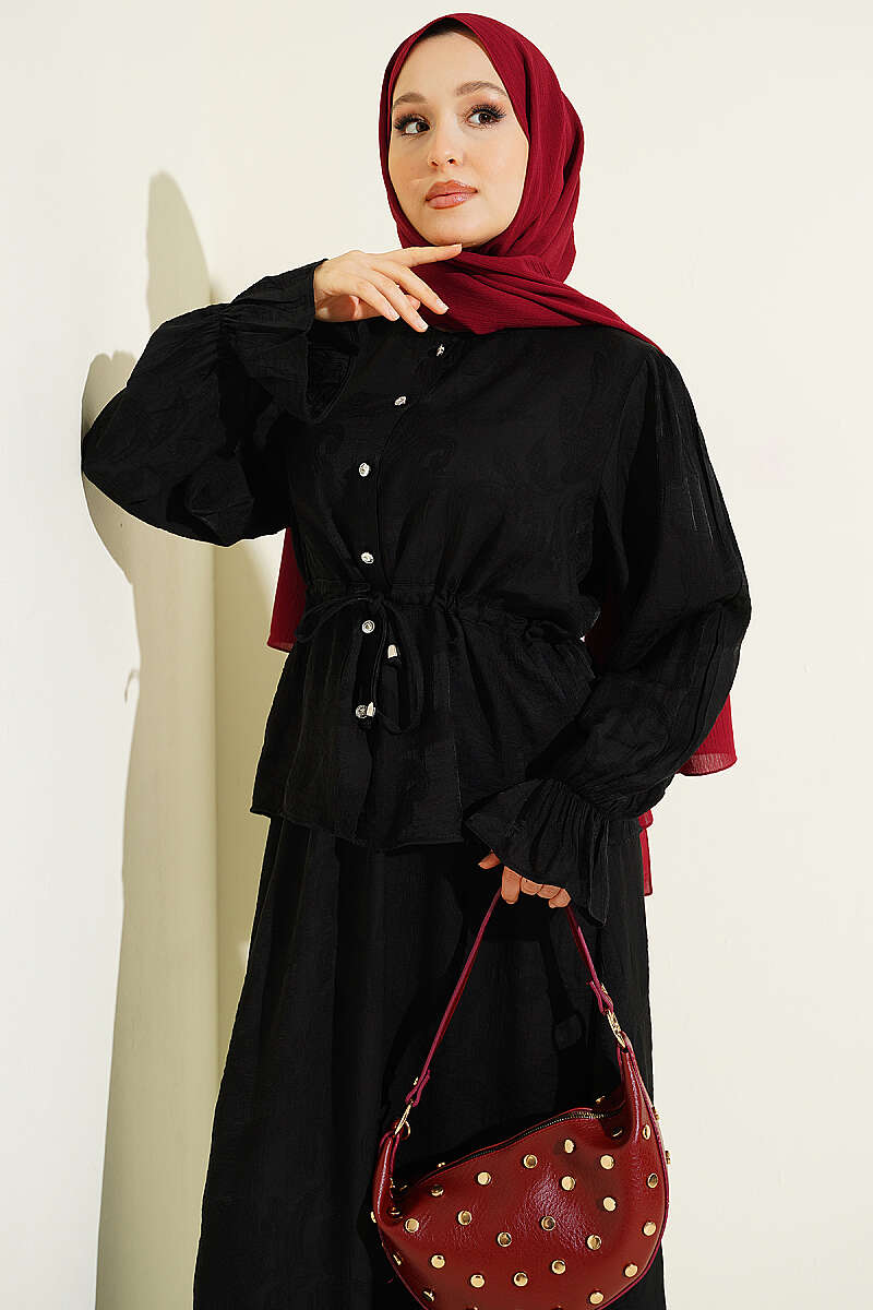 Self-Pattern Skirt Set with Drawstring Waist - Black