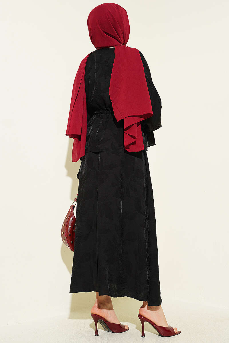 Self-Pattern Skirt Set with Drawstring Waist - Black