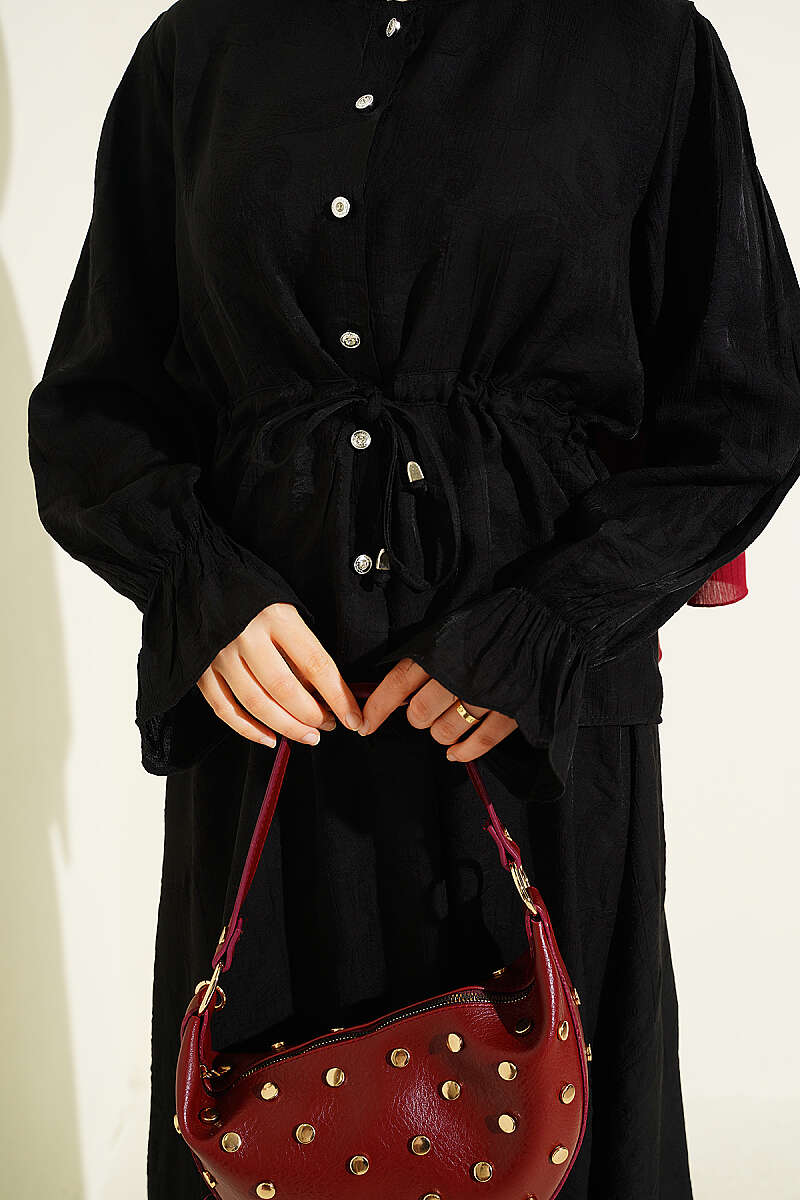 Self-Pattern Skirt Set with Drawstring Waist - Black